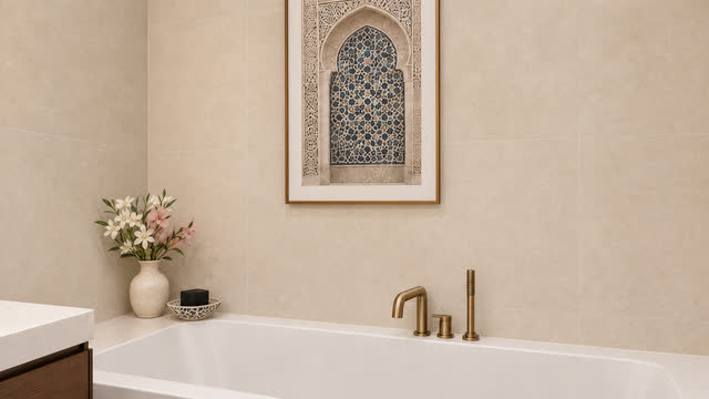 Above the tub, a framed arch that echoes the pattern.