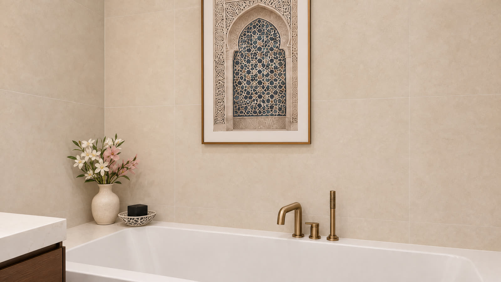 Au-dessus du bain, une arche encadrée qui reprend le motif.