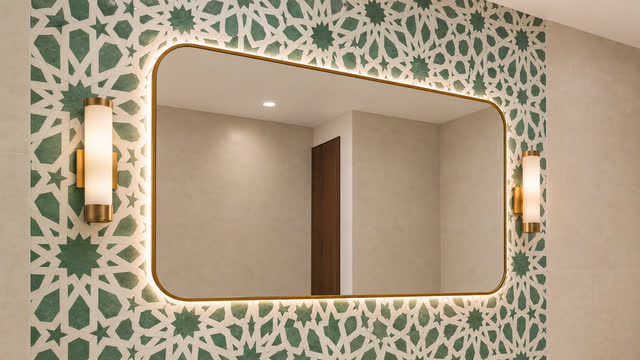 A backlit, round-cornered mirror set on the mosaic.