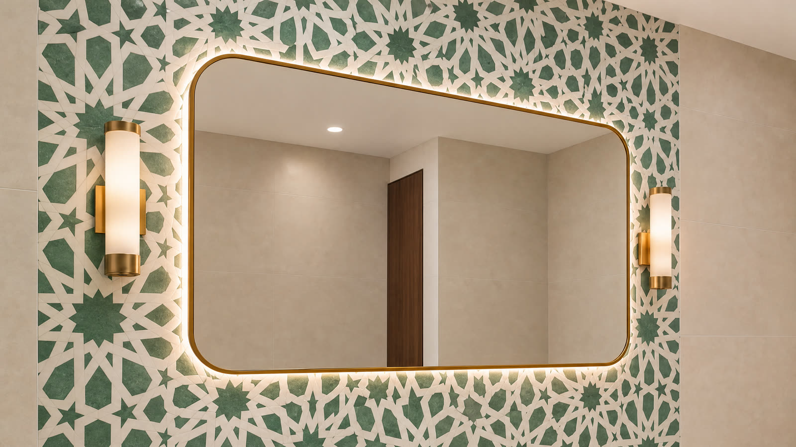 Un miroir aux coins arrondis, éclairé, posé sur la mosaïque.