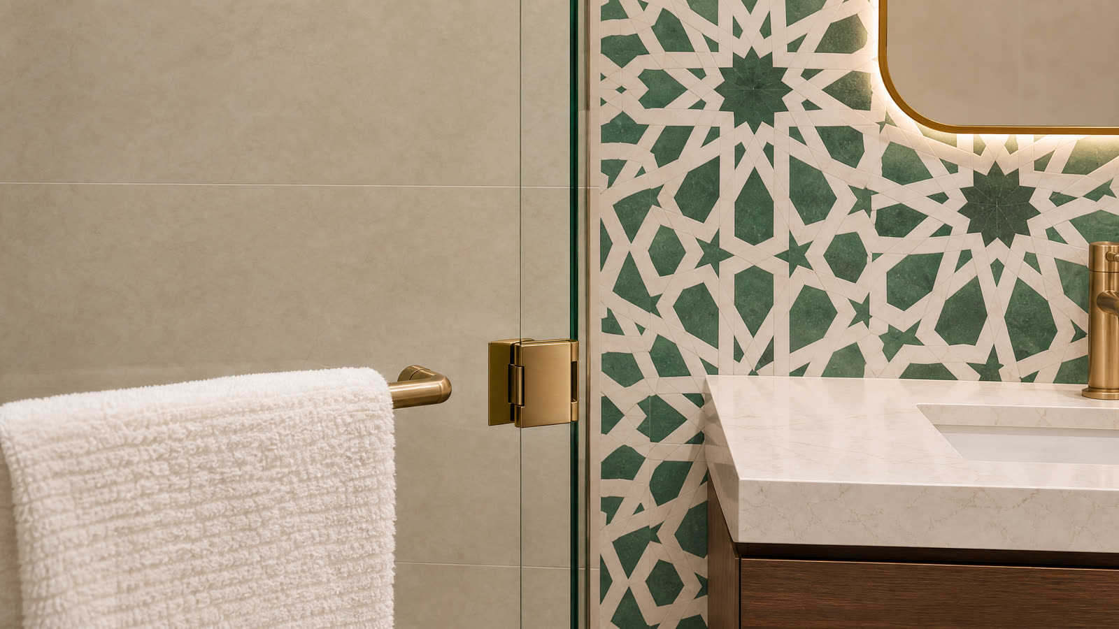 Le motif de zellige accompagne la pièce jusqu’à la douche vitrée.