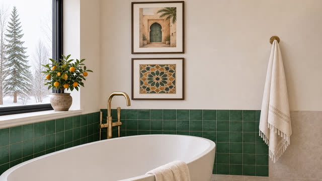 A band of zellige behind the tub, and Moroccan-inspired frames.