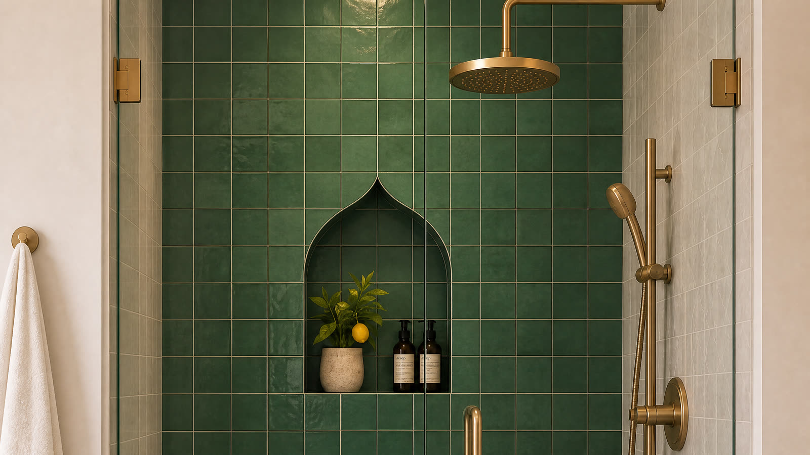 An arched niche in the shower, lined with glazed green zellige.