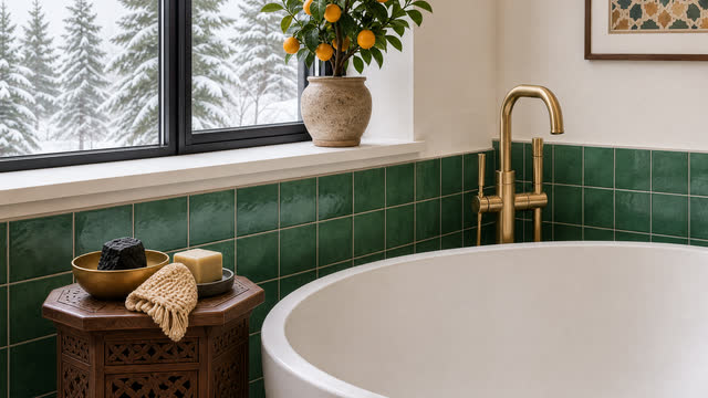 A small carved octagonal table for the soap and towel.