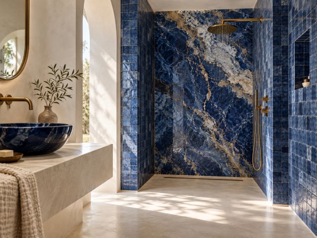 Bathroom in blue sodalite marble and cobalt zellige, blue basin and brass fixtures