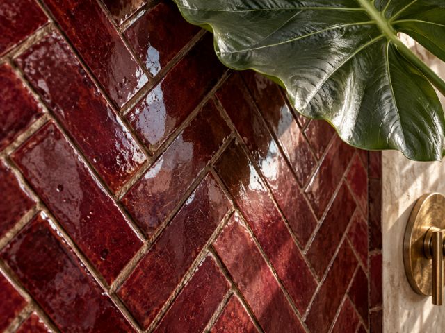 Burgundy zellige in herringbone, monstera leaf