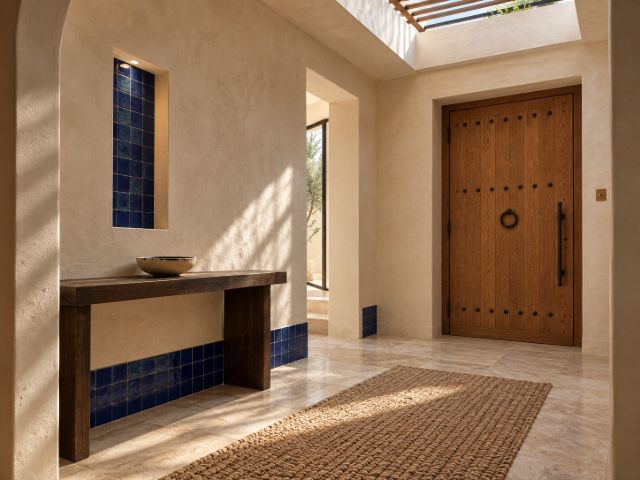 Pale plaster entrance, blue zellige niche and studded wooden door