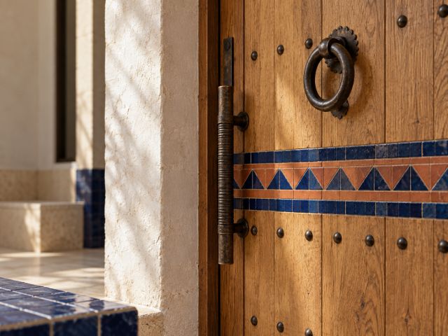 Studded wooden door with a blue and terracotta zellige border