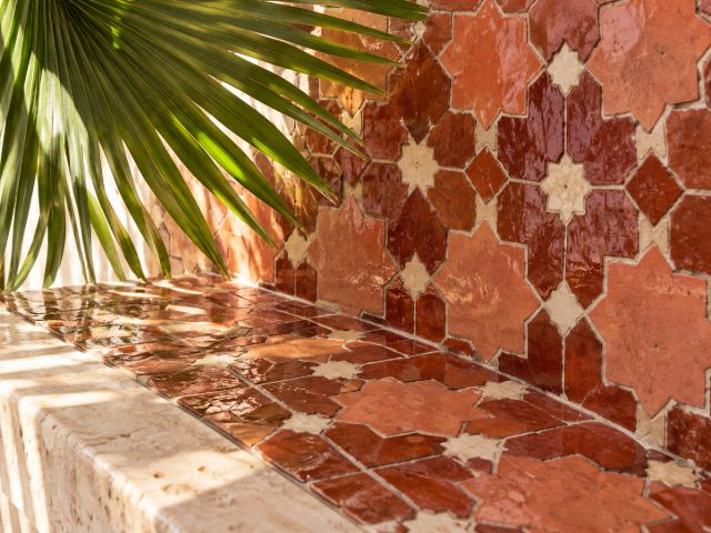 Terracotta star-and-cross zellige, palm leaf