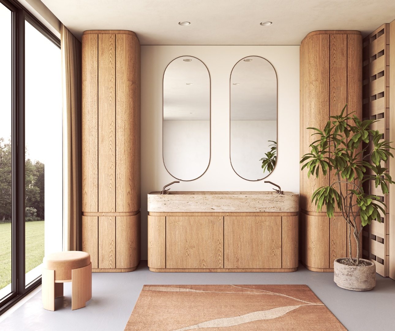 Meuble de salle de bain en bois et miroirs arrondis