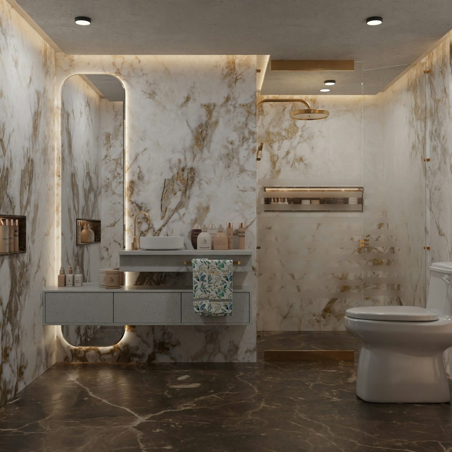 Salle de bain en marbre gris avec accents dorés