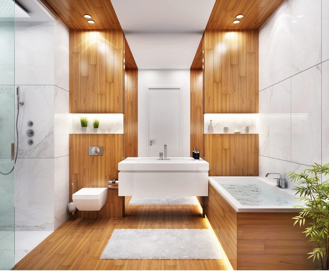 Salle de bain blanche avec meuble en bois