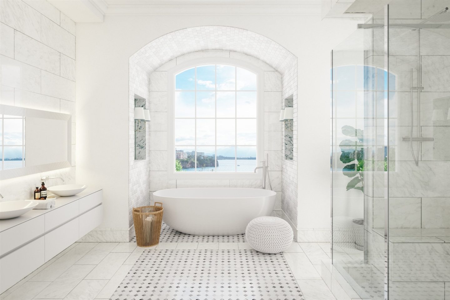 Salle de bain blanche avec baignoire sous une fenêtre