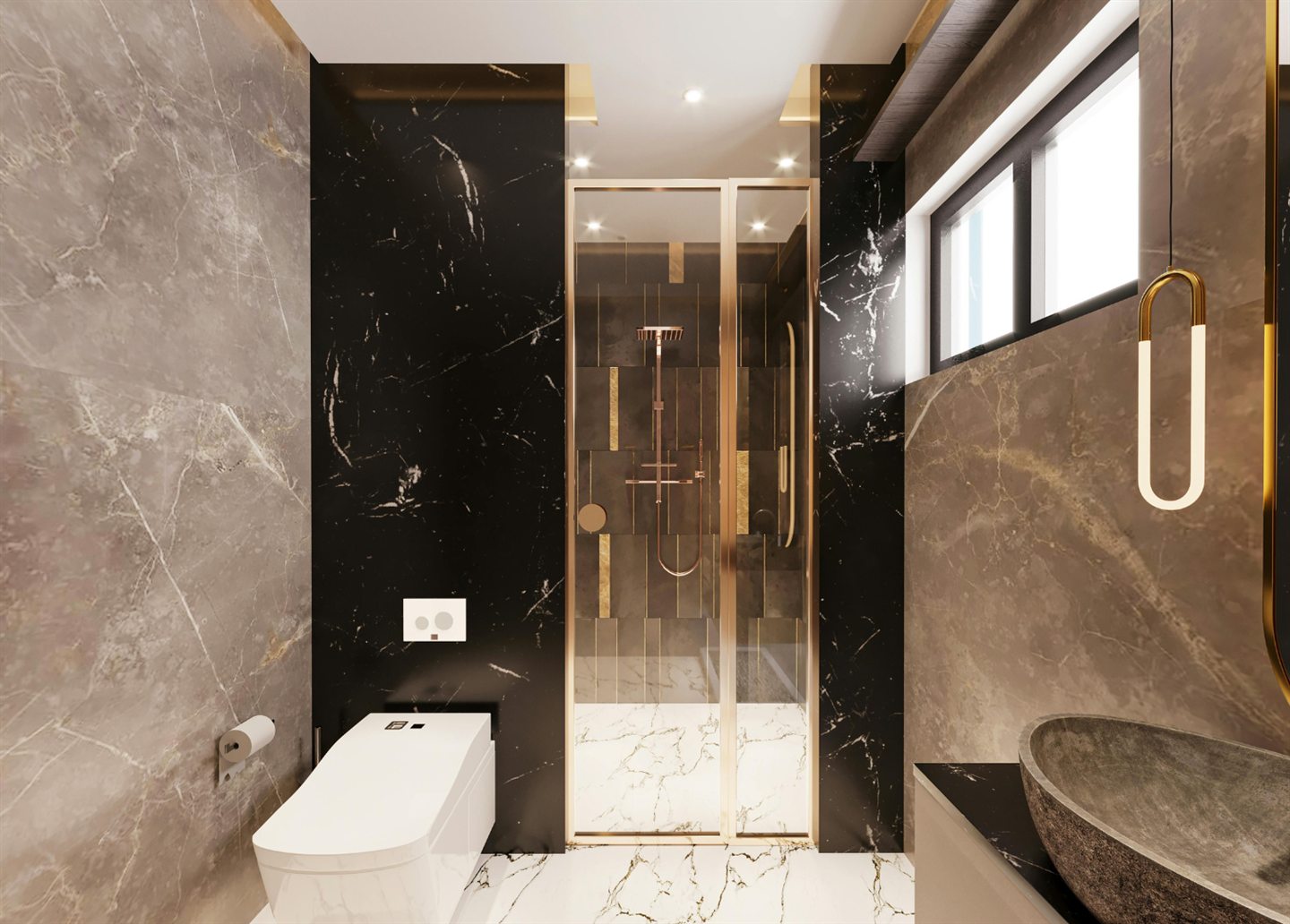 Salle de bain en marbre brun et noir, douche vitrée et accents de laiton