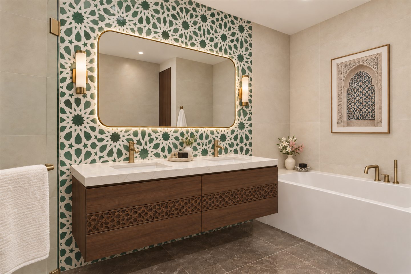 Bathroom with a green zellige wall around the mirror and an openwork wood vanity