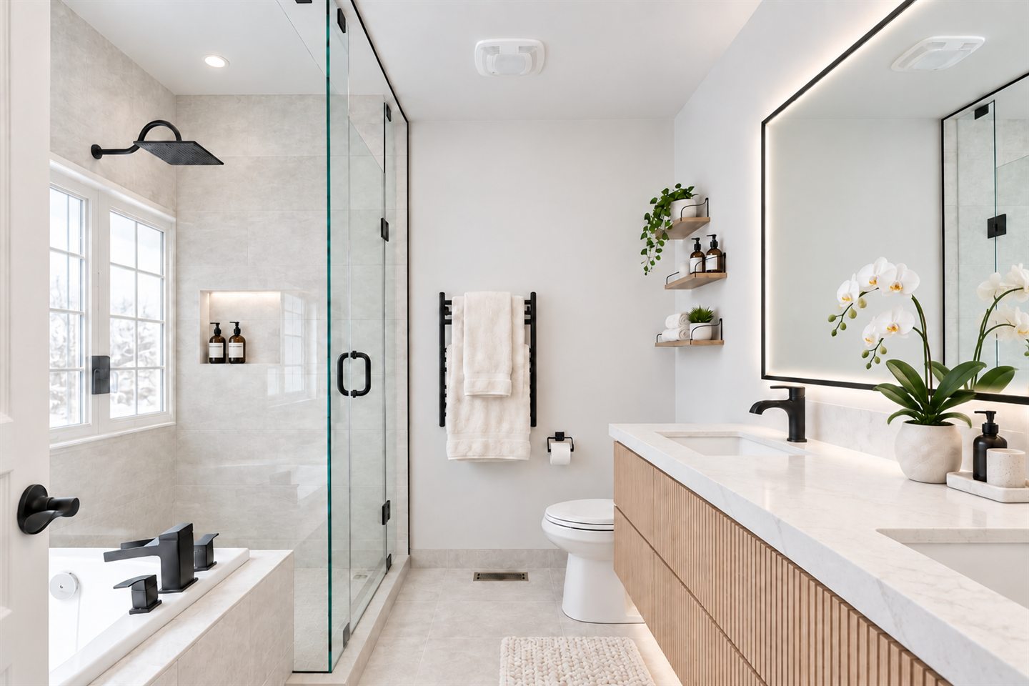 Bright bathroom with a glass shower and wooden vanity