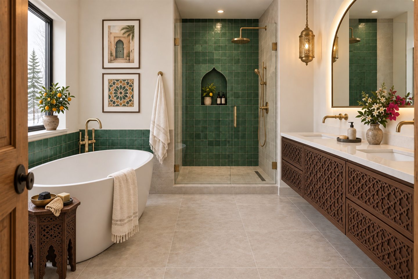 Salle de bain habillée de carreaux verts
