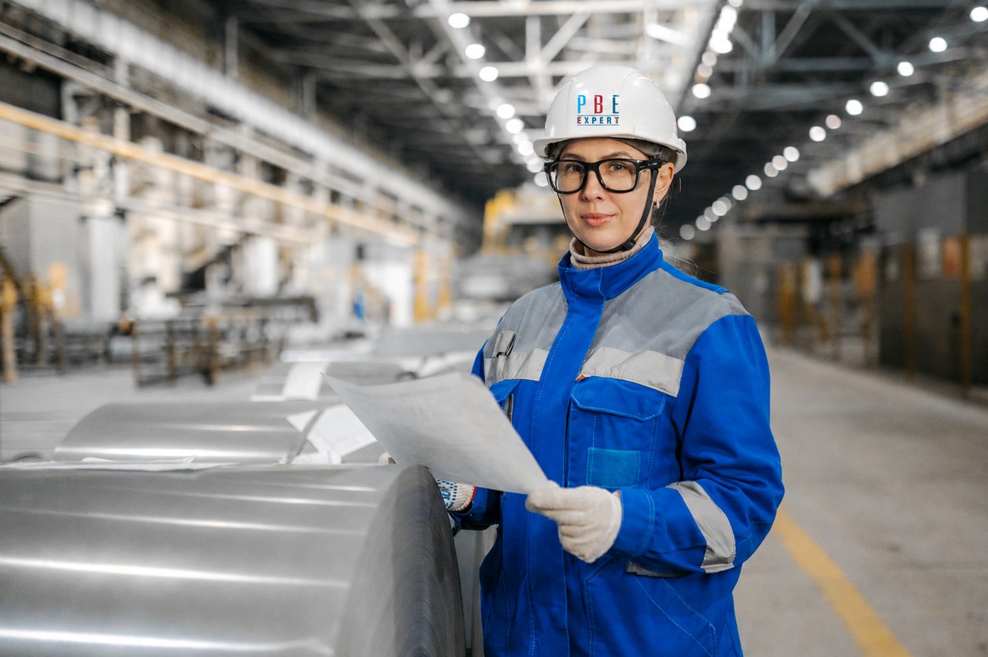 Ingénieure au casque PBE Expert, un plan à la main, dans une usine