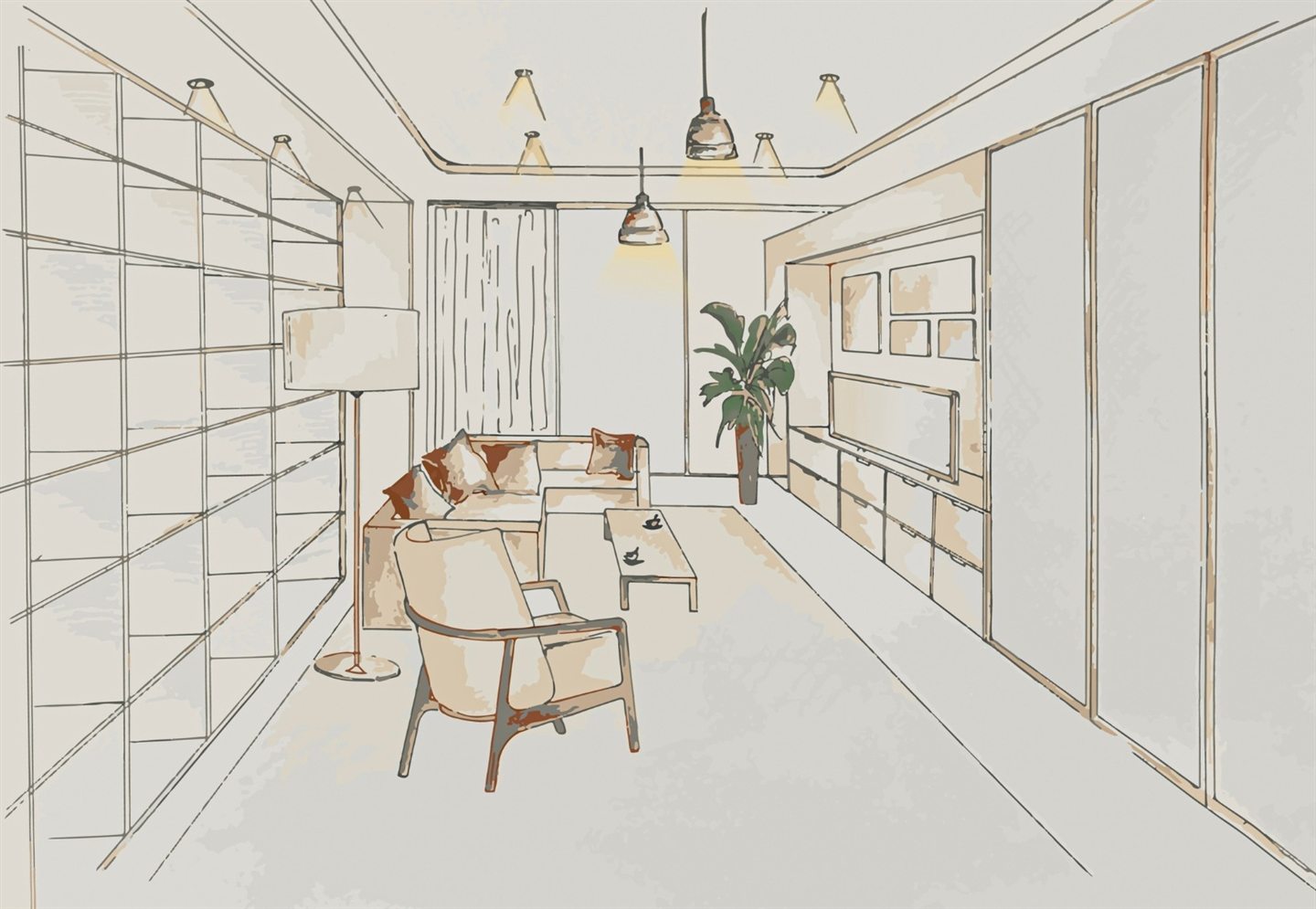 Watercolour sketch of a bright living room