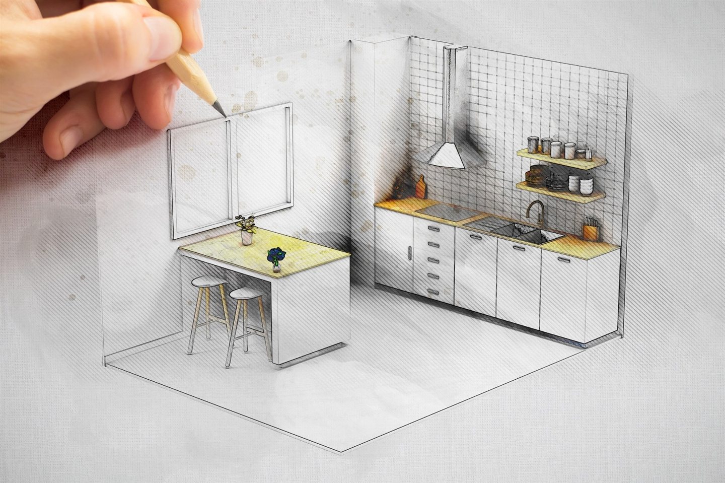 Main dessinant une cuisine en perspective