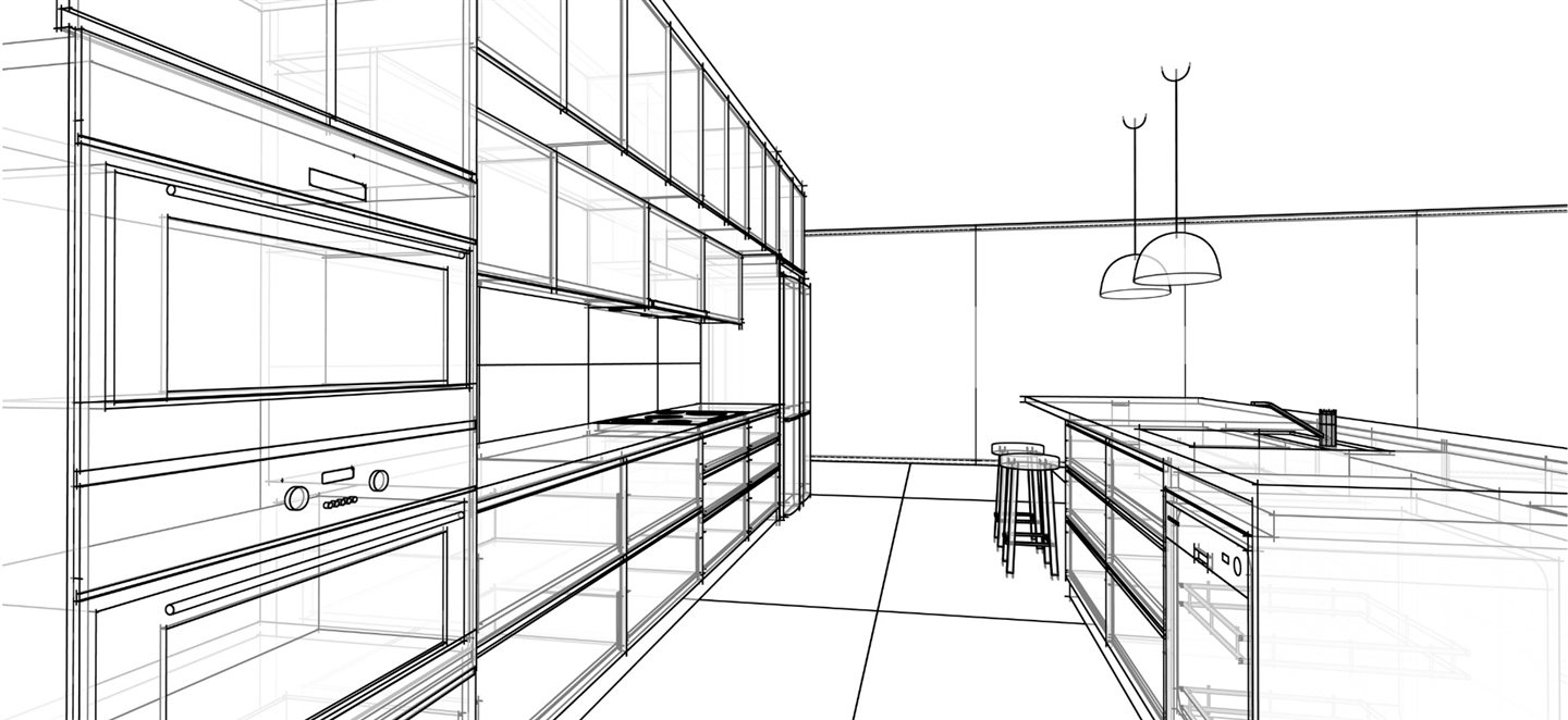 Dessin au trait d’une cuisine avec îlot et luminaires suspendus