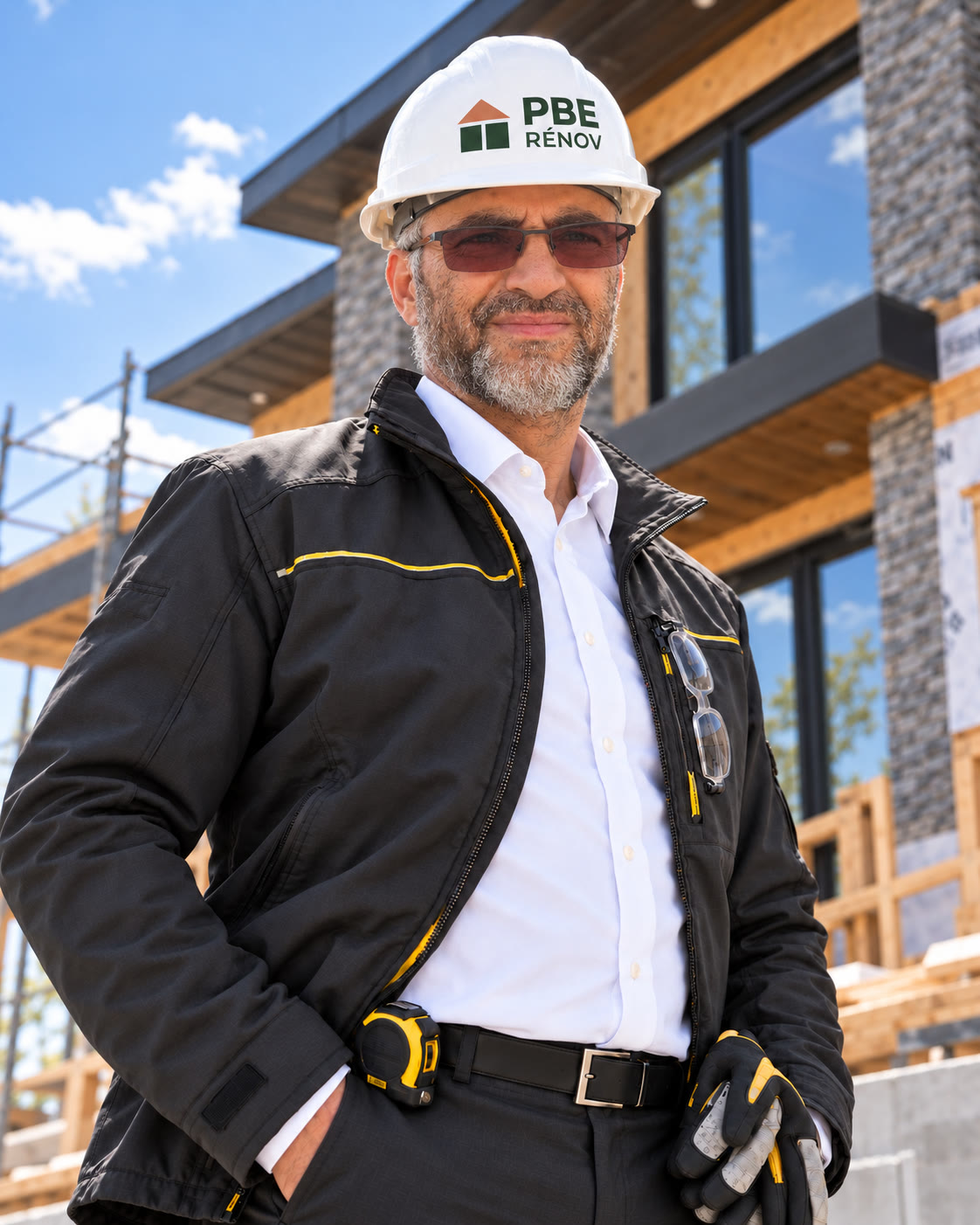 Responsable de chantier PBE Rénov, casque blanc au logo de l’entreprise, devant une maison en construction