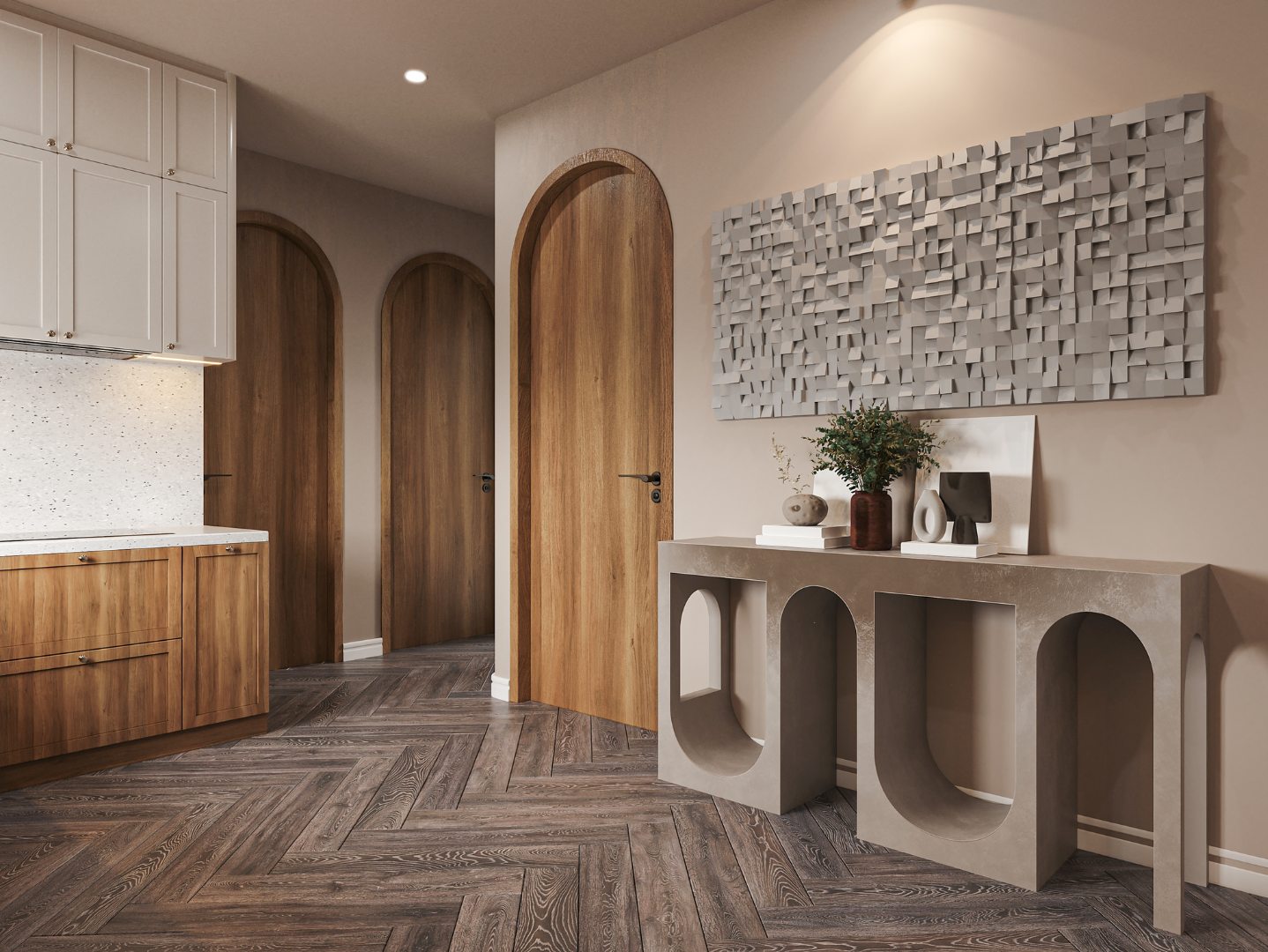 Entrance with arched wooden doors