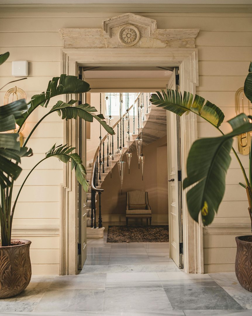 Entrée aux moulures classiques, grandes plantes et escalier en retrait