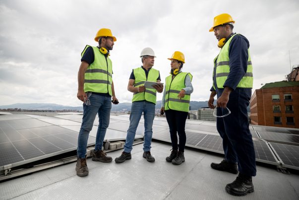 Team in hard hats and safety vests standing on a roof fitted with solar panels