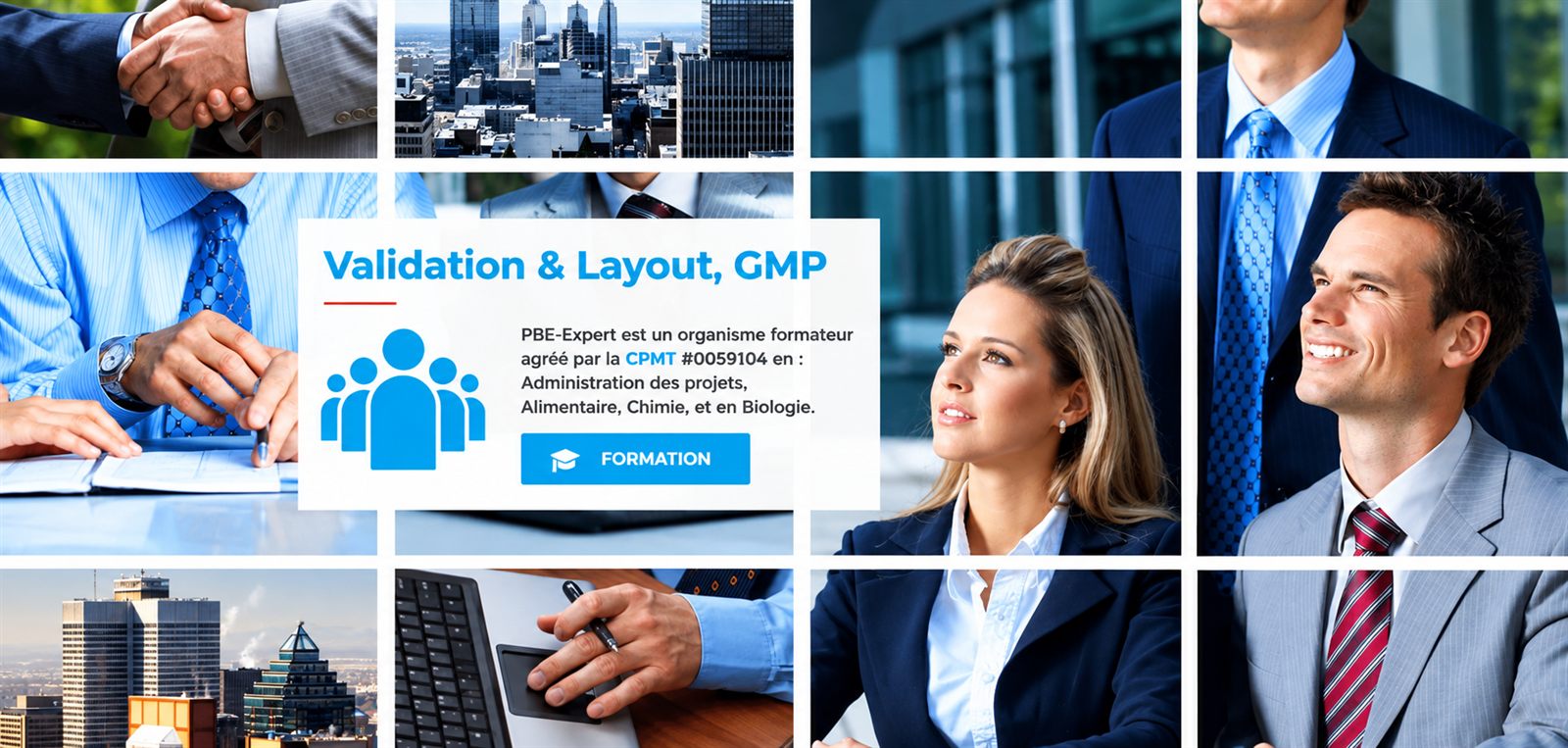 PBE Expert banner: GMP validation and layout, a training organization accredited by the CPMT.