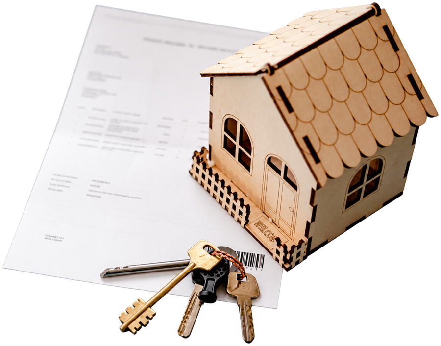 Small wooden house on a contract, with a set of keys