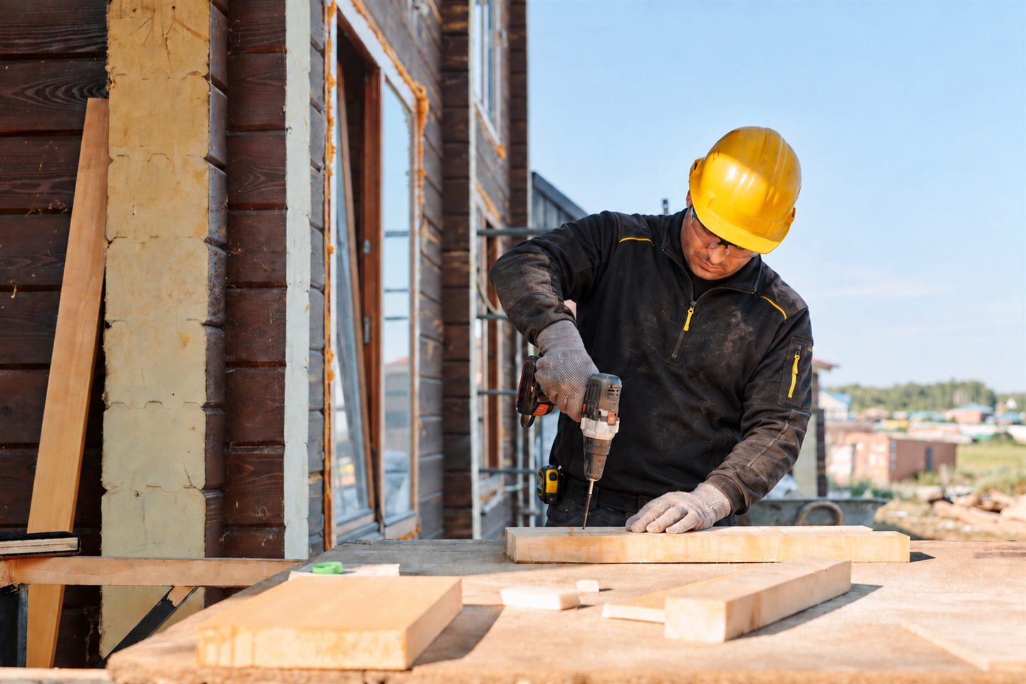 Membre de l’équipe perçant une pièce de bois sur le chantier