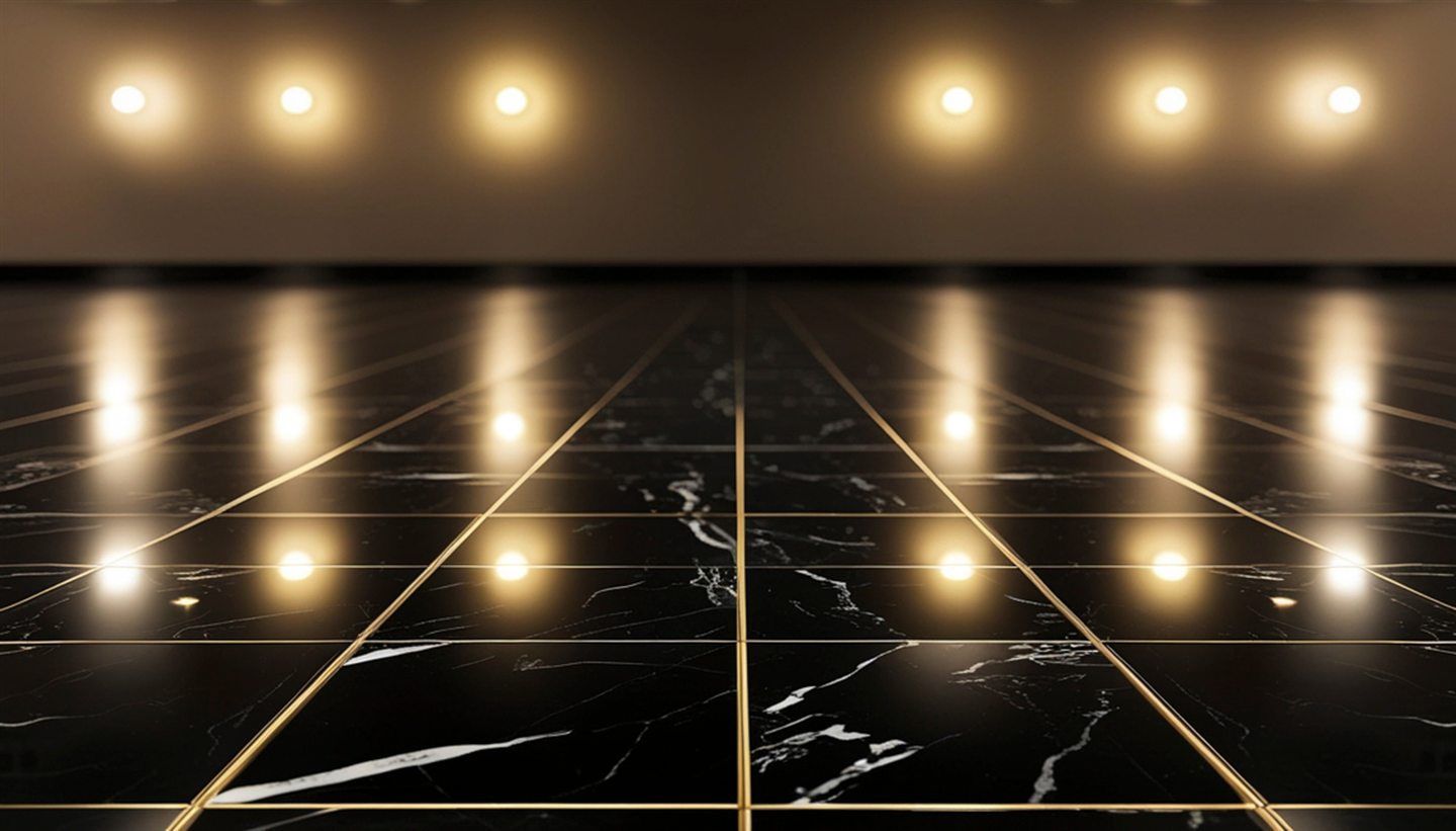 Plancher de marbre noir veiné, joints de laiton et reflets de lumière