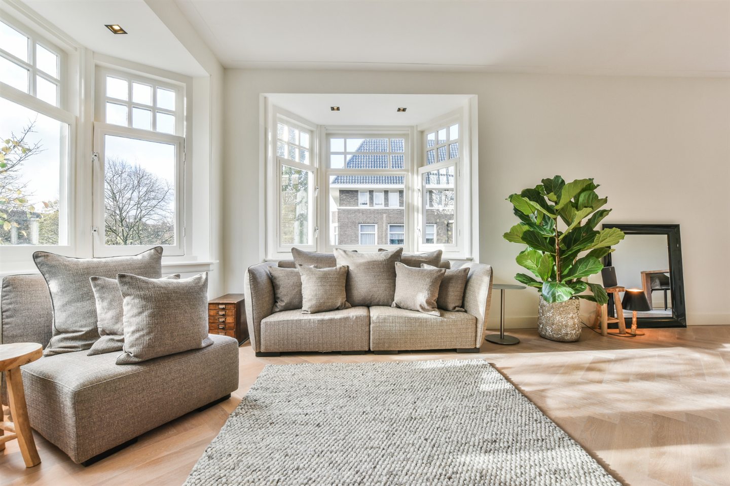 Salon beige aux grandes fenêtres et plantes