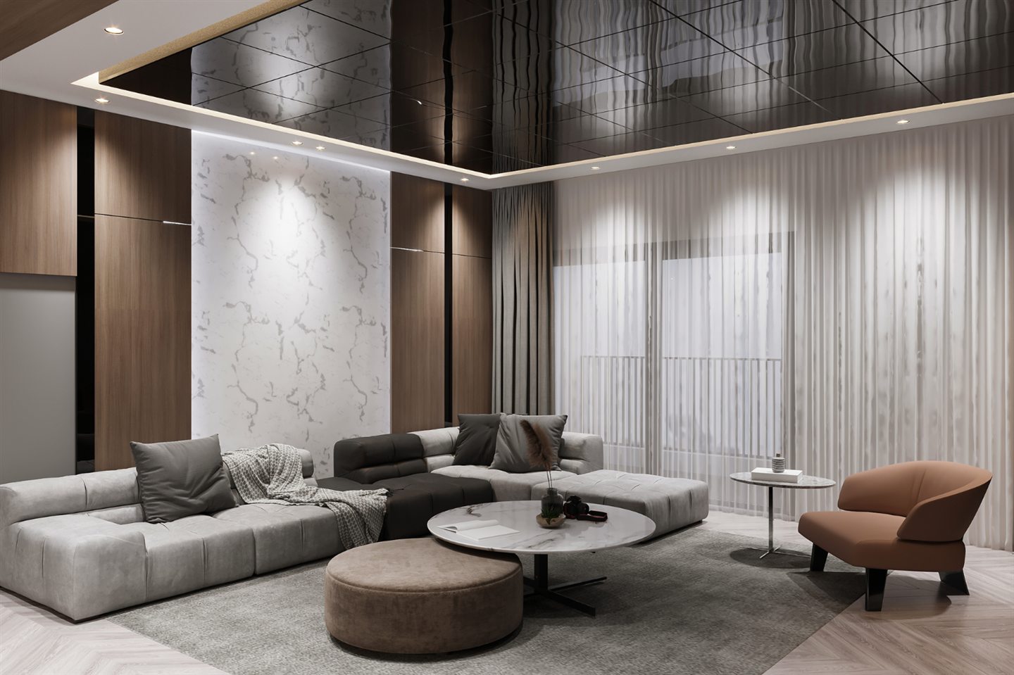 Contemporary grey living room in muted tones with linen curtains
