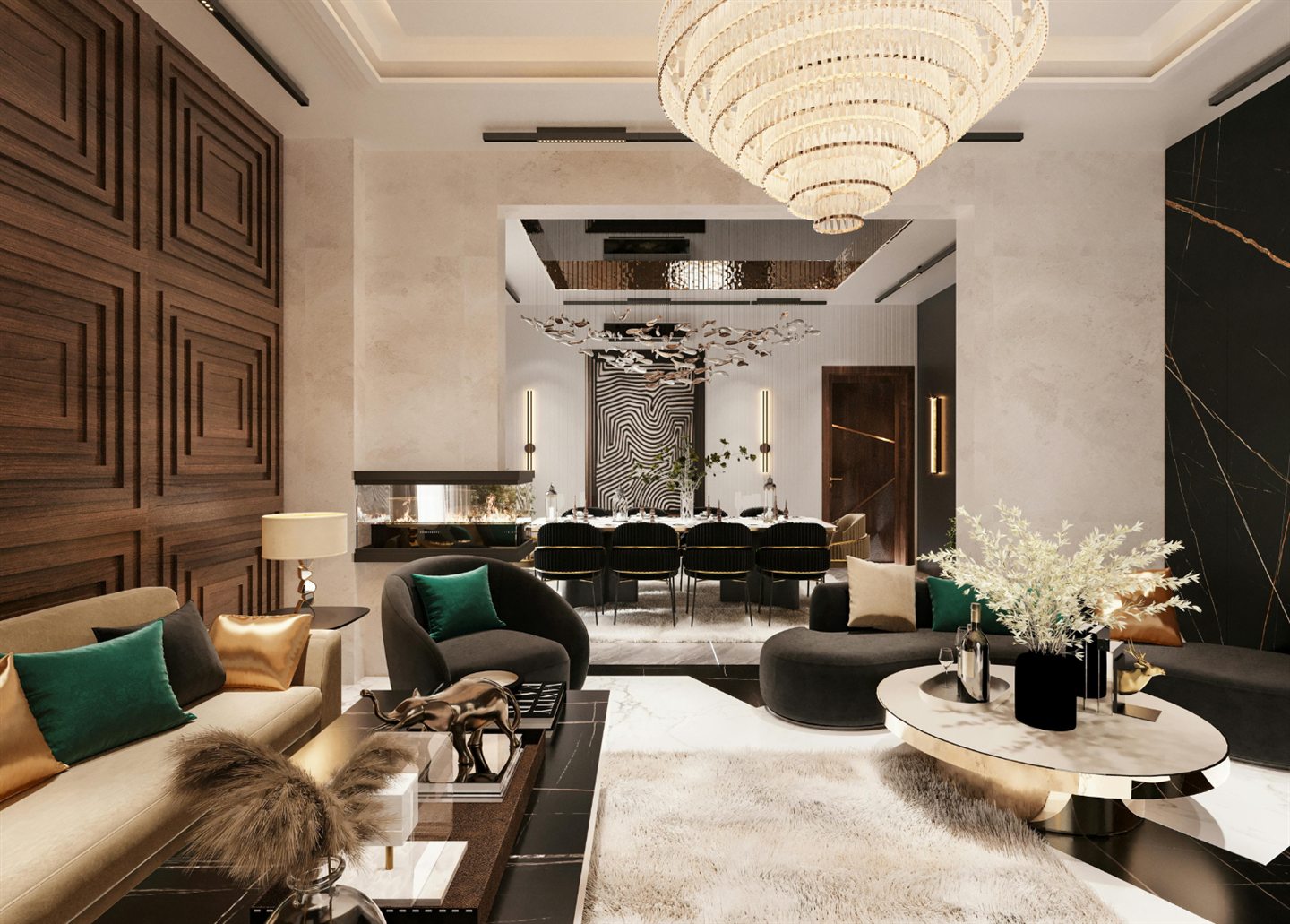 Salon luxueux aux boiseries sombres et grand lustre suspendu