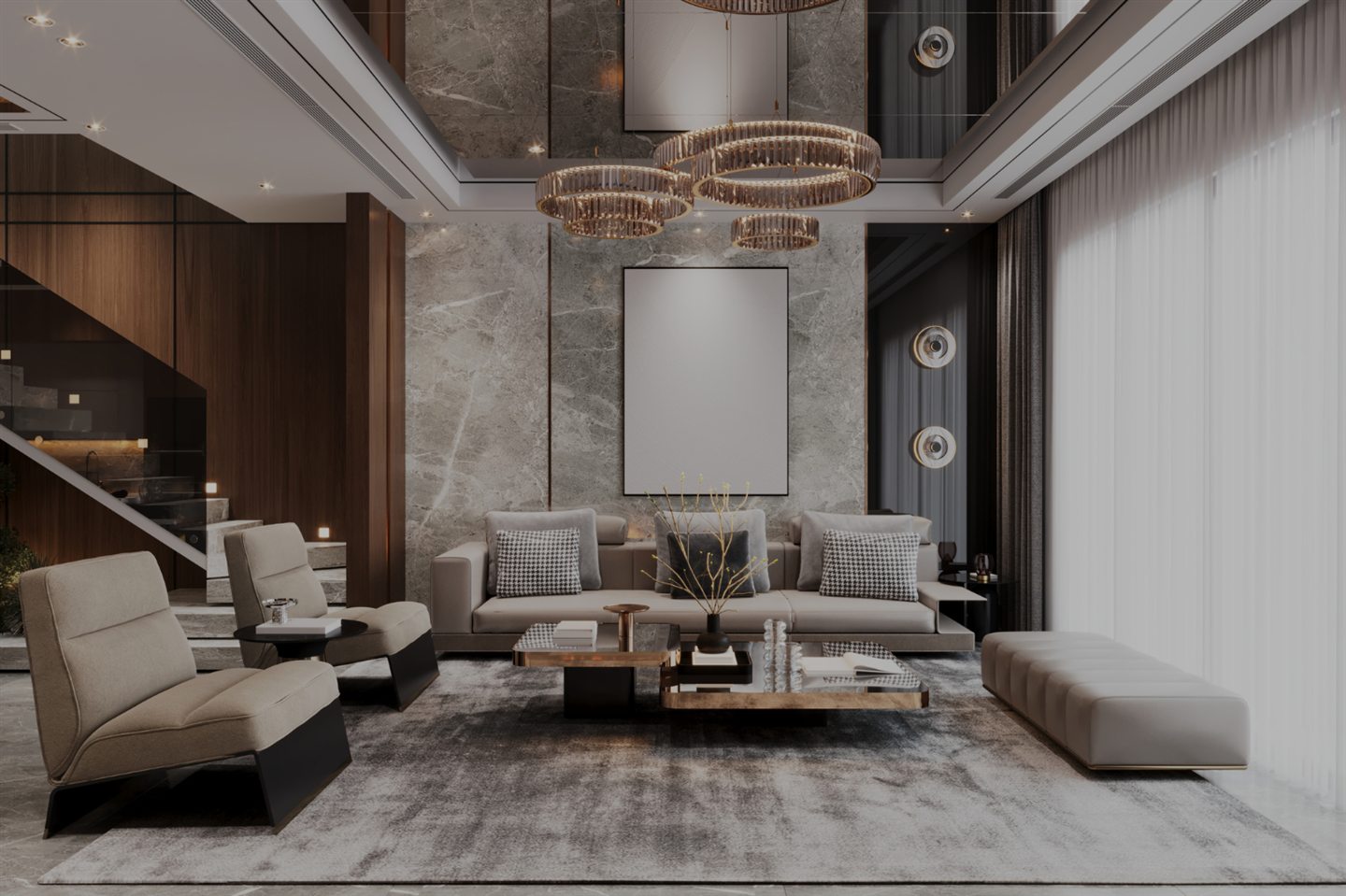 Salon luxueux au mur de marbre, suspensions et escalier