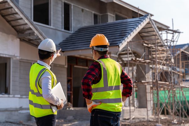 Two supervisors in hard hats in front of a house under construction