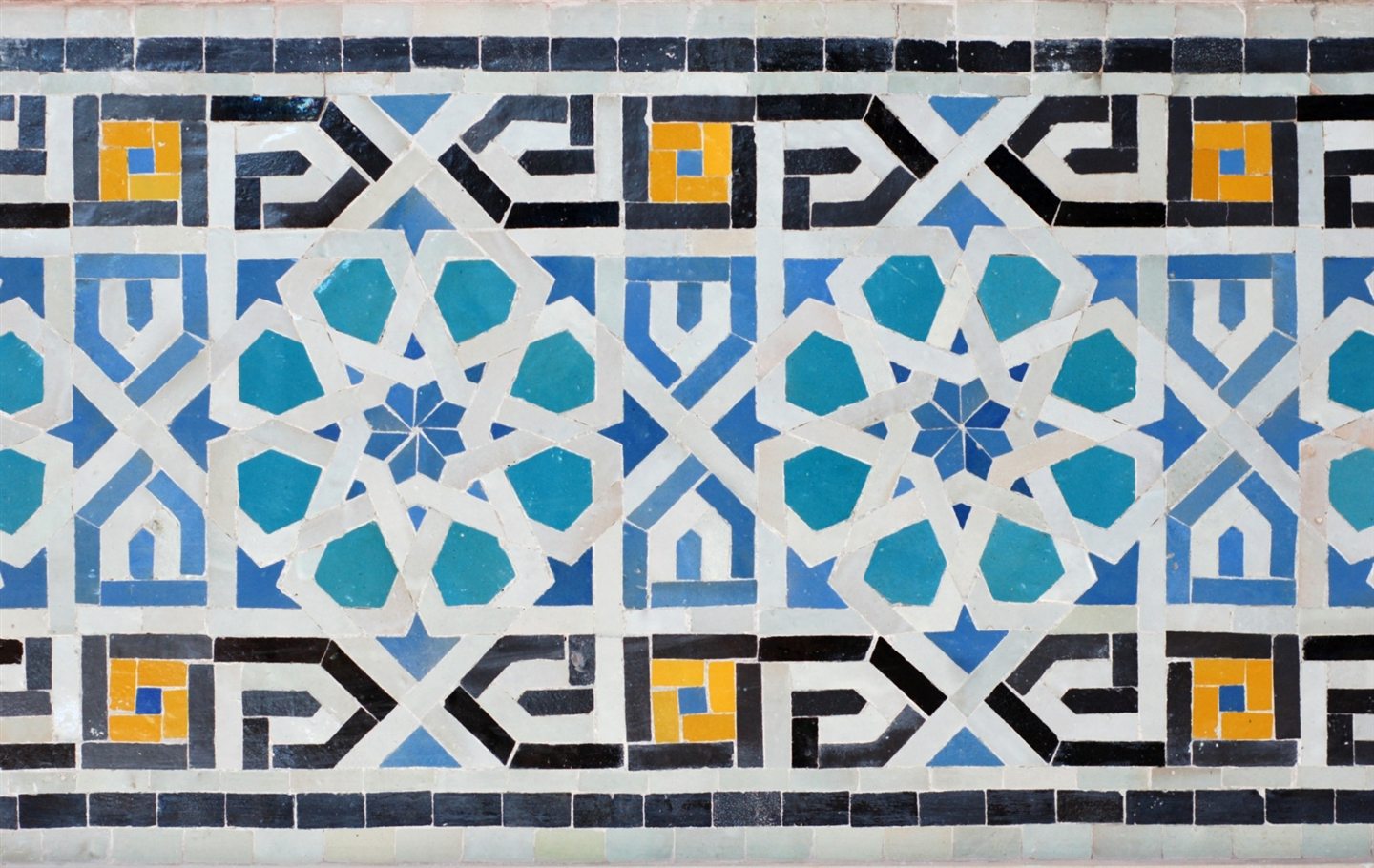 Blue and white zellige with geometric patterns