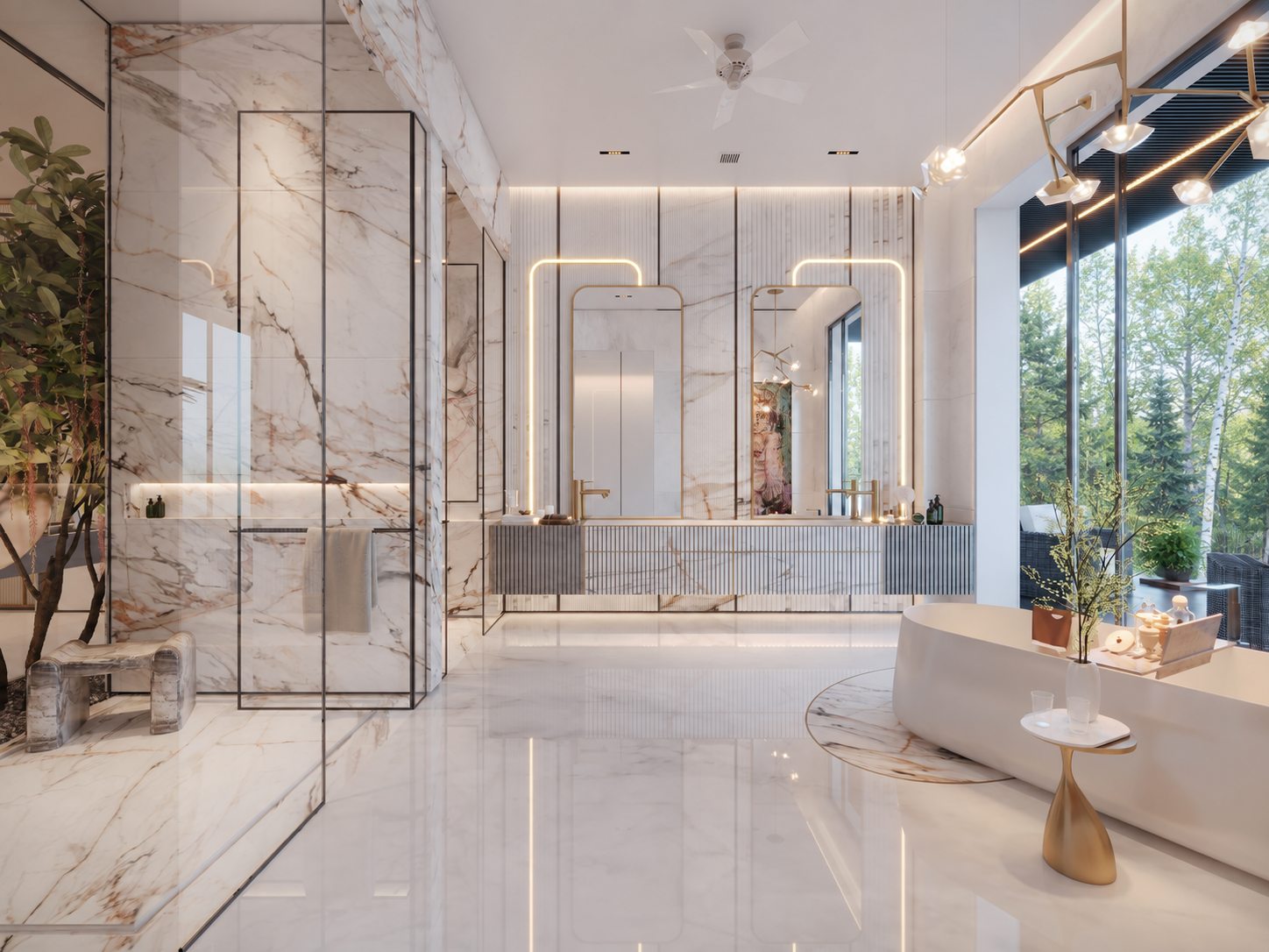 Light marble bathroom with glass partitions