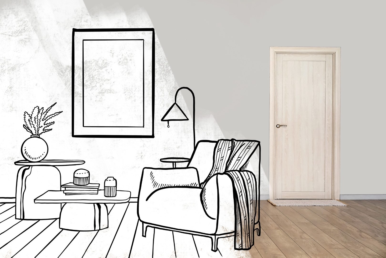 Croquis de salon qui prend vie avec un vrai plancher et une porte