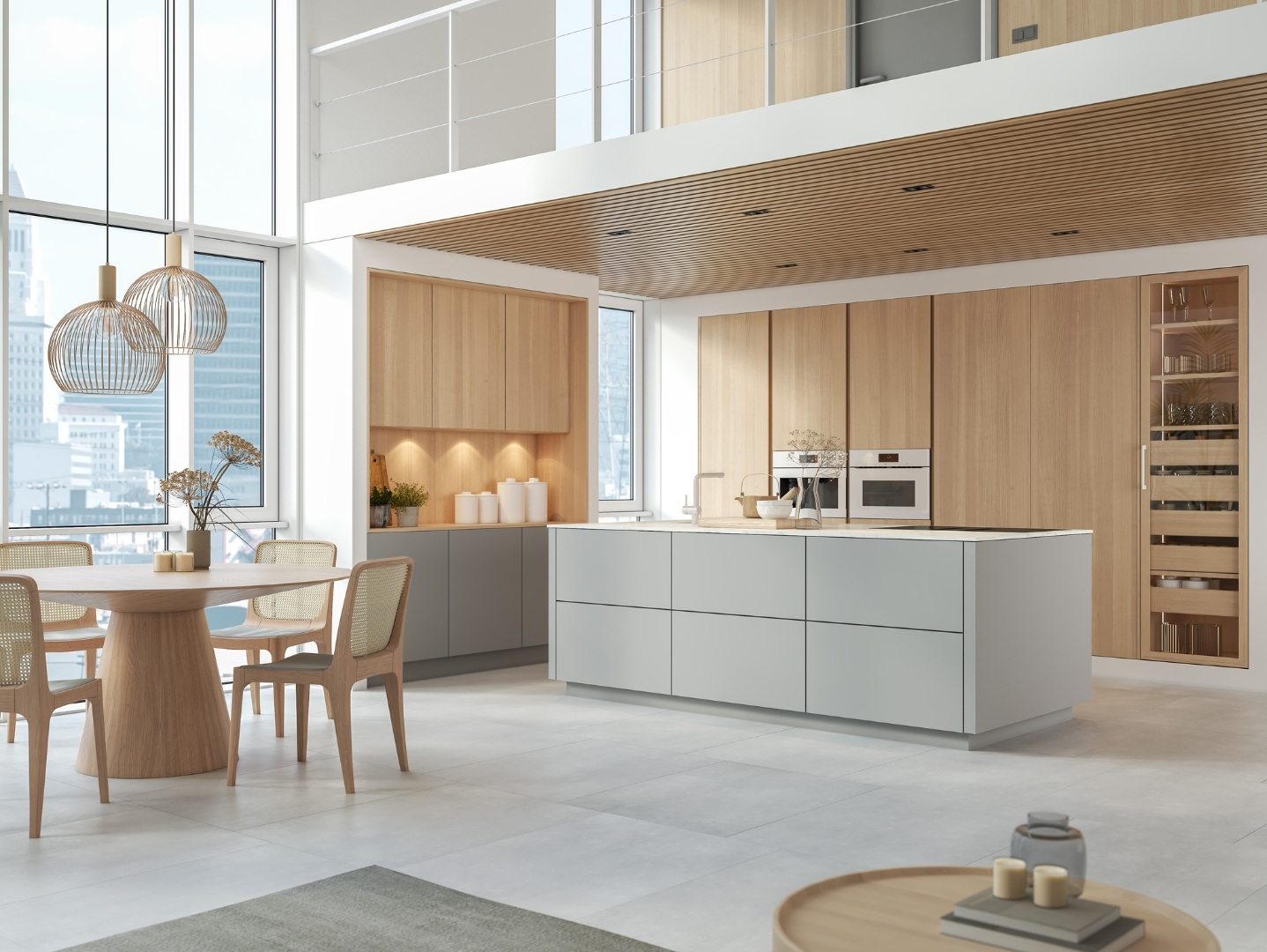 Cuisine contemporaine lumineuse avec îlot clair