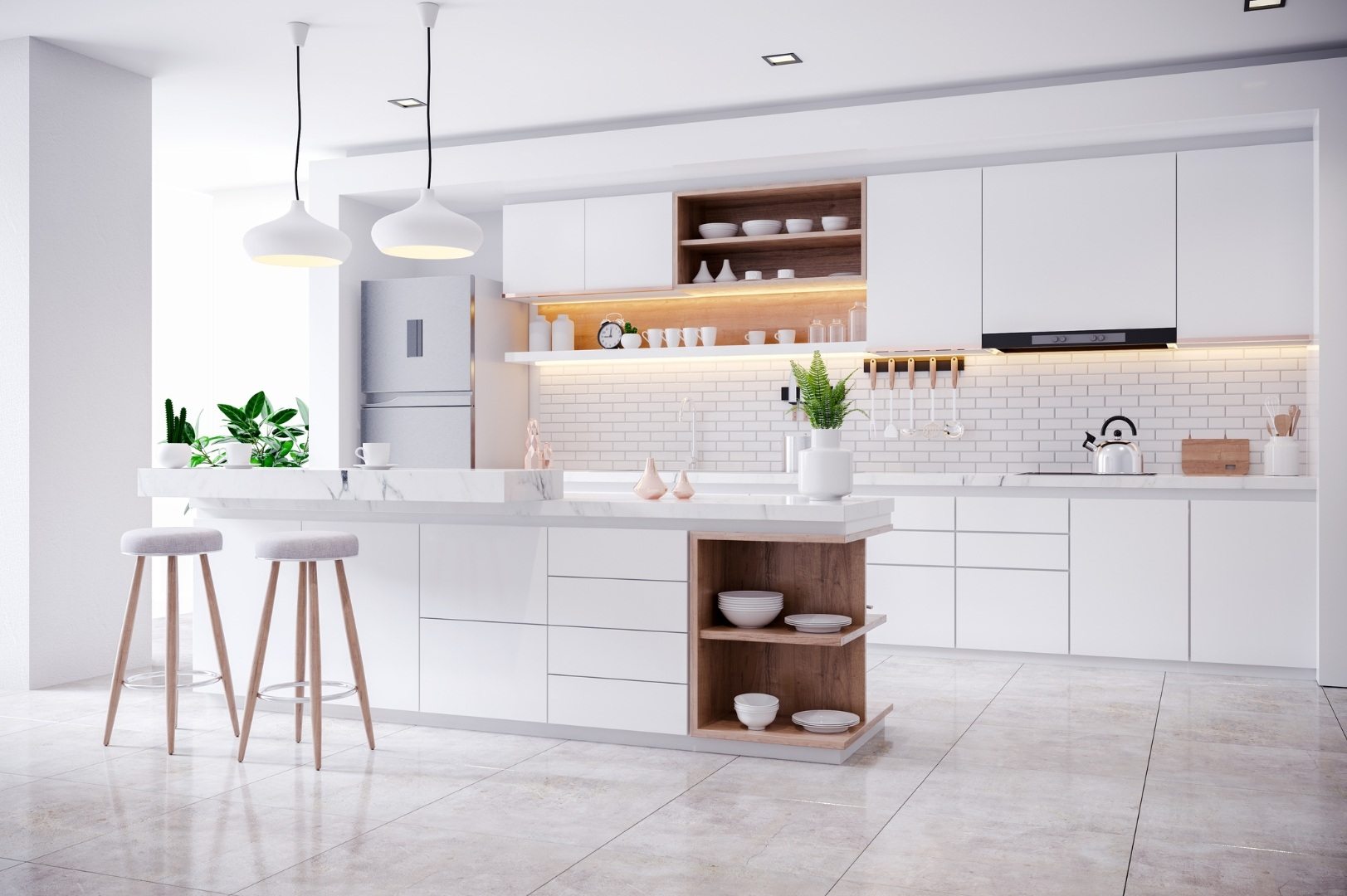 Cuisine claire ouverte avec coin repas