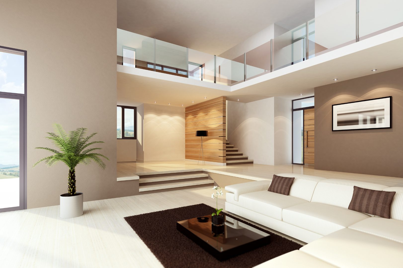 Double-height white living room with a mezzanine and large windows
